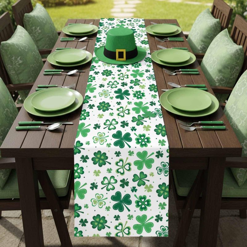 St Patrick's Day Green Shamrocks/Clover Table Runners Cotton Linen Non-Slip Rectangle Dresser Scarves for Spring Party Holiday Kitchen Dining Banquet/Family Gathering Home Decor,13" x 70" Long