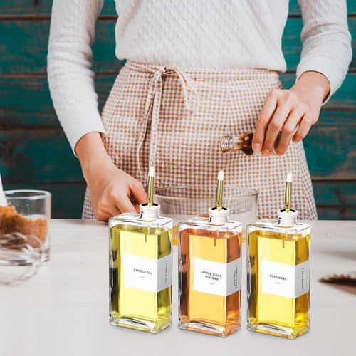 Reallnaive 3 Sets Olive Oil Dispenser Bottles for Kitchen with Nozzles Funnel Labels Cooking Oil Dispenser 500ml Set for Kitchen Vinegar Coffee Syrup (Gold)