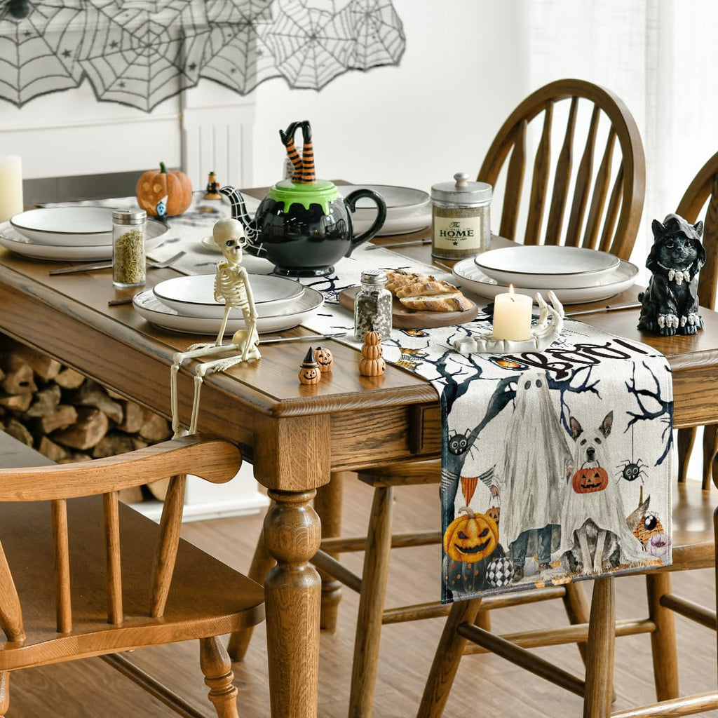 Artoid Mode Ghost Pumpkins Tree Dog Boo Halloween Table Runner, Seasonal Fall Kitchen Dining Table Decoration for Home Party Decor 13x120 Inch