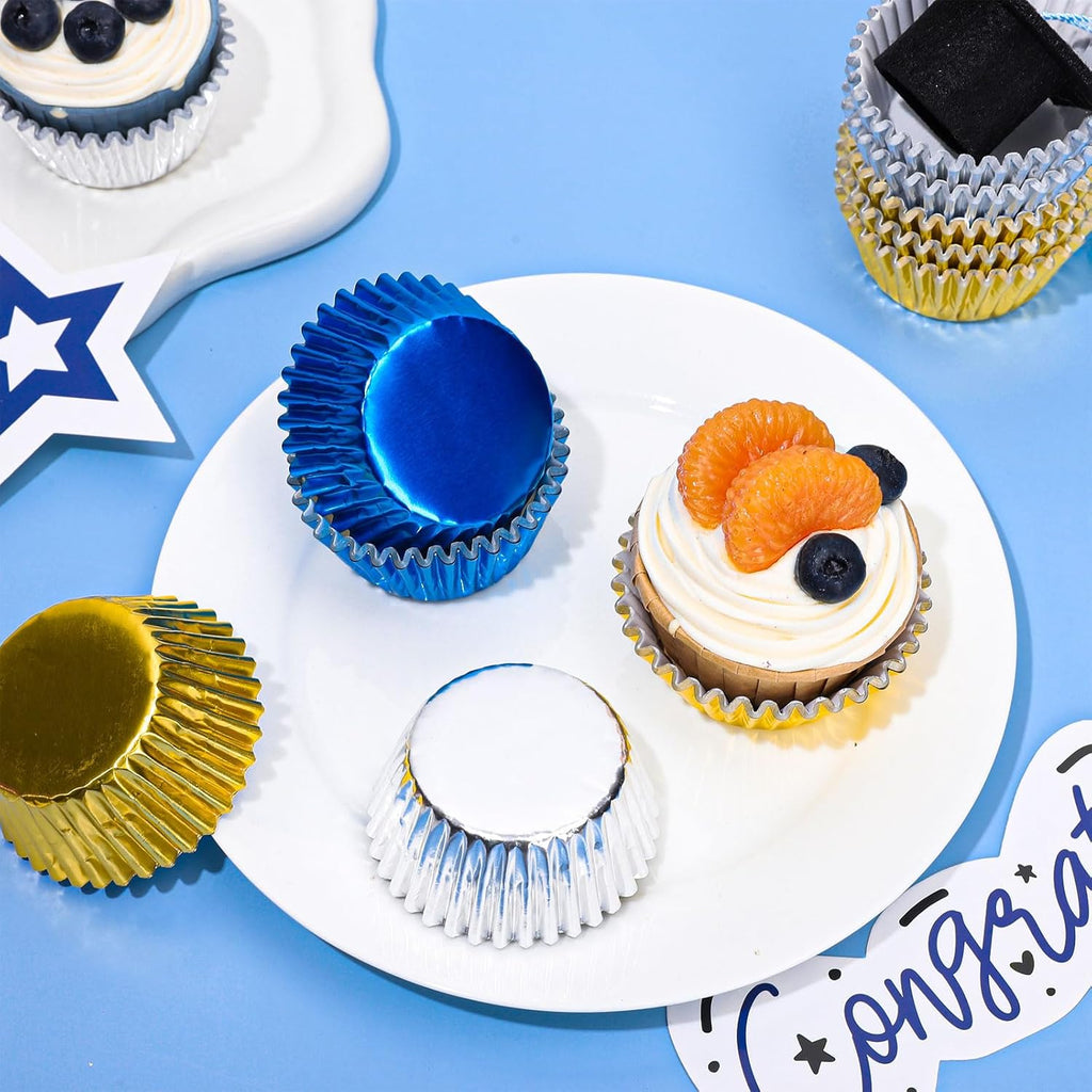 Whaline Graduation Foil Cupcake Liners - 150Pcs Blue Silver Gold Metallic Baking Cups for Parties