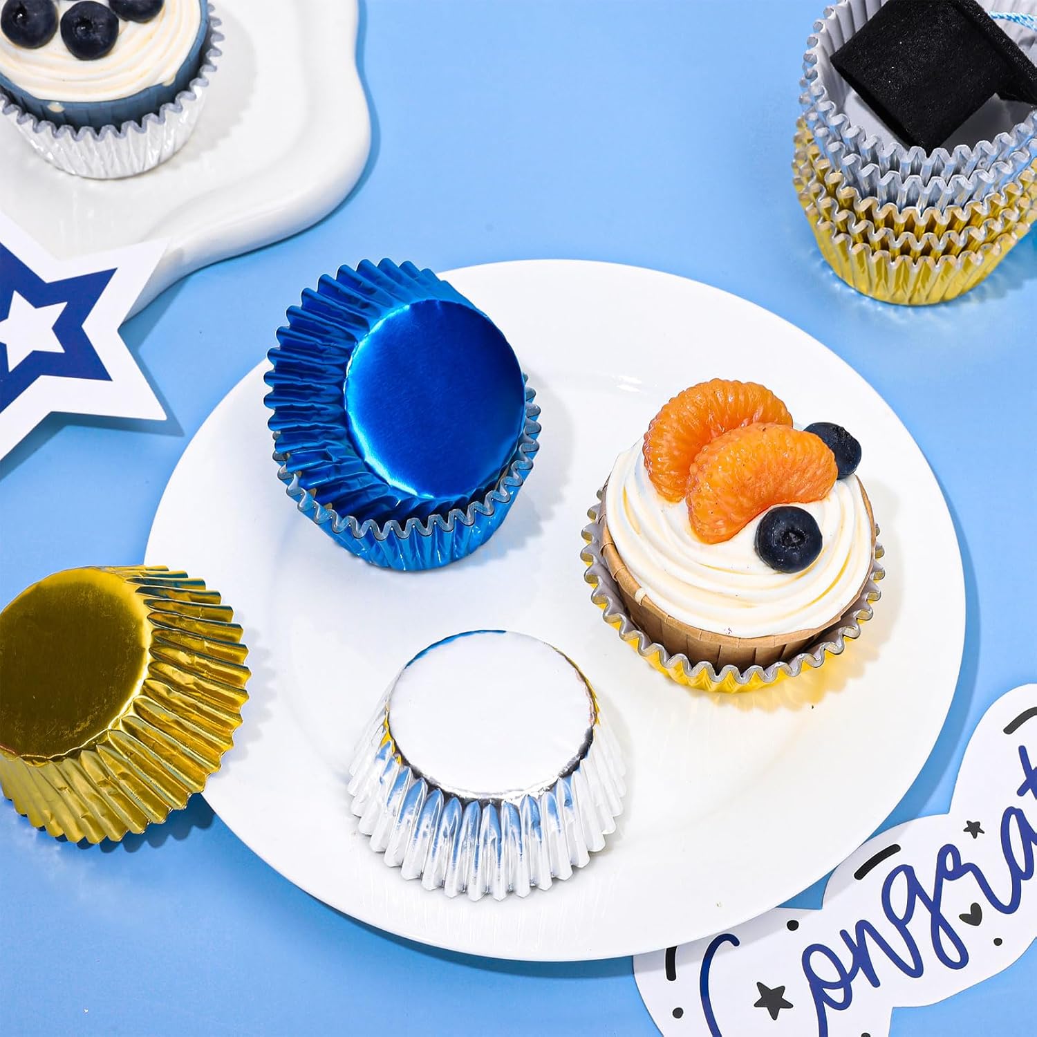 Whaline Graduation Foil Cupcake Liners - 150Pcs Blue Silver Gold Metallic Baking Cups for Parties