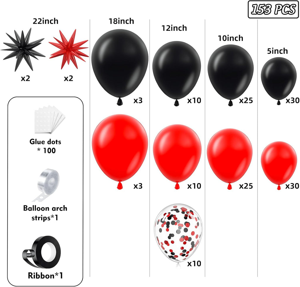 Regine Switzerland 153-Piece Red & Black Balloon Garland Arch Kit - Stars & Confetti for Parties