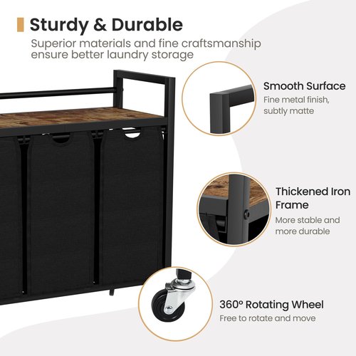 SwaaVee Laundry Hamper, Laundry Basket, Laundry Sorter with 3 Removable Bags, Clothes Basket with 3 Compartments, Wheels, Shelf for Laundry Room Bathroom Bedroom (3 Bags-Black)
