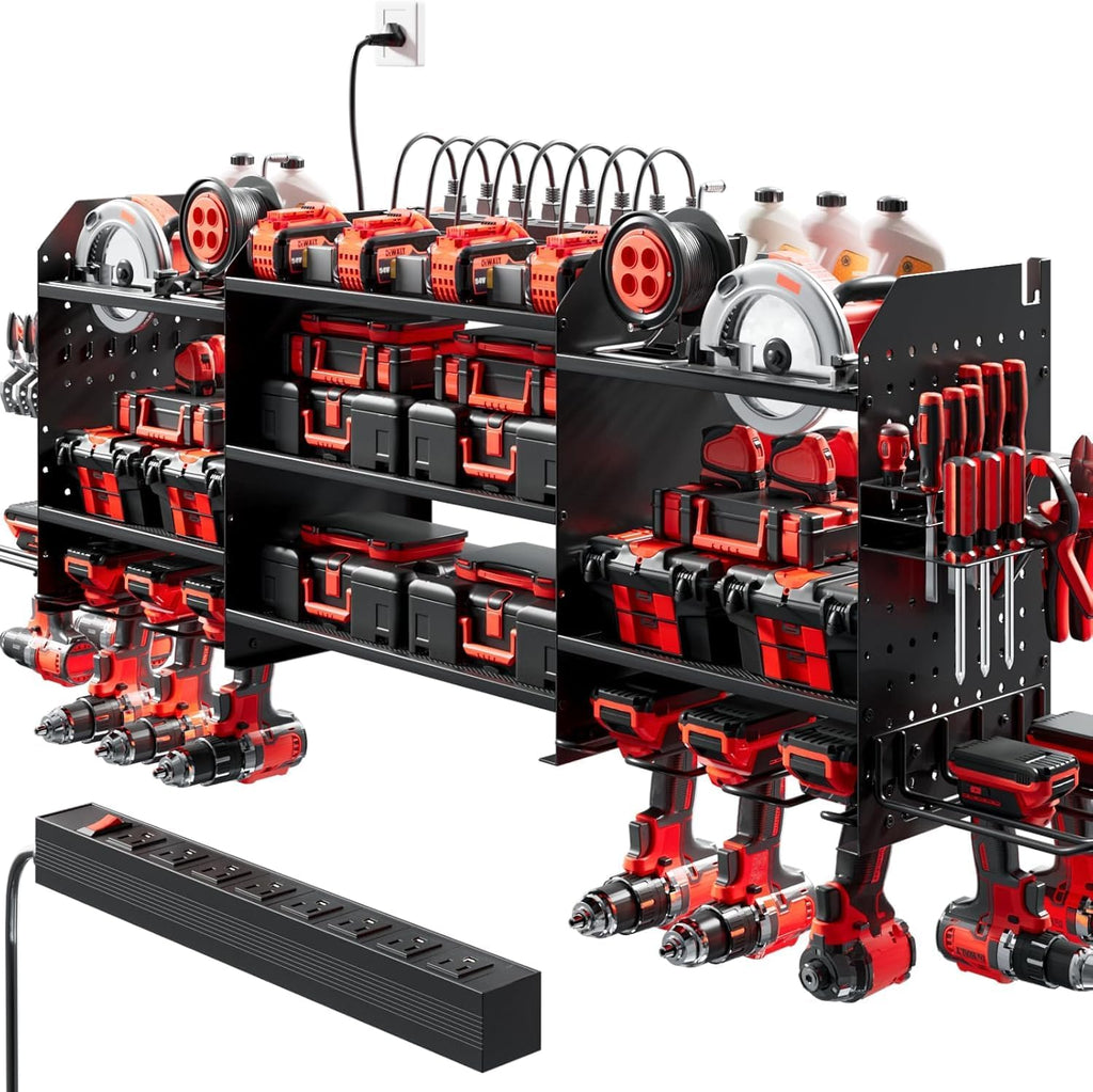 Upgrade Large Power Tool Organizer - Wall Mount with Charging Station & 10 Drill Holders | Garage Storage Rack