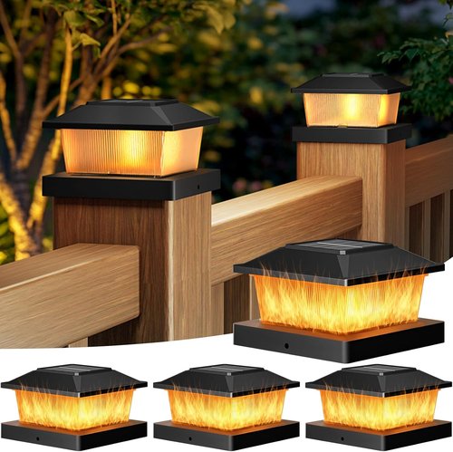 Btfarm Solar Flame Post Cap Lights - Waterproof Flickering 4x4 Outdoor Lighting | 4 Pack, Black