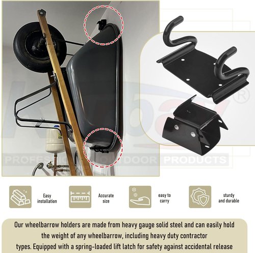 Heavy Duty Wheelbarrow Storage Bracket by [Brand Name] - 90 lbs Capacity with Spring Loaded Safety Latch