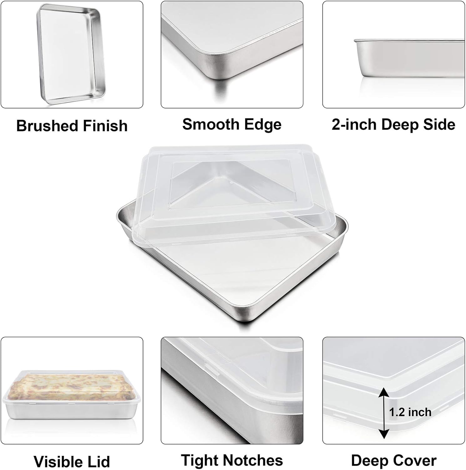 P&P CHEF Stainless Steel Baking Pan Set - Heavy Duty Rectangular Bakeware with Lid | 12.3" Deep, Easy to Clean (2 Pcs)