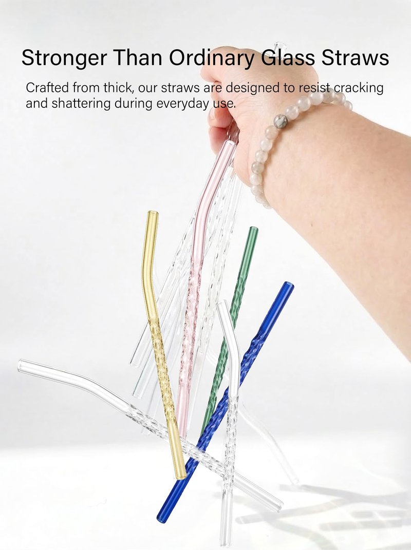 YUTRENN Reusable Glass Straws Transparent Twisted Shape 4 Bent Straws 4 Straight Straws 2 Cleaning Brushes, 8"x 0.3" Thick Clear Glass Drinking Straw for Tumblers Gift Wrap Dishwasher Safe
