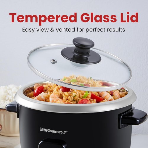 Elite Gourmet Electric Rice Cooker - Automatic Keep Warm Function, 6 Cups Cooked, Black