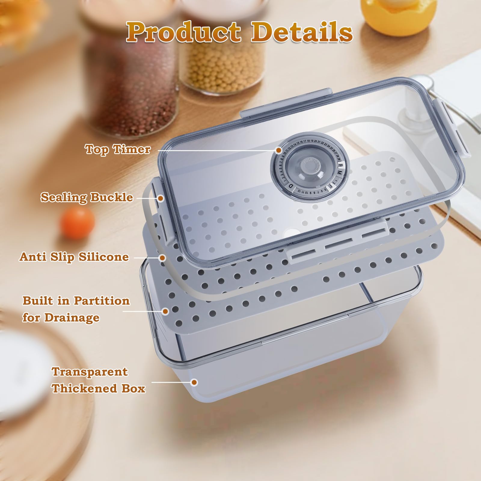 Bread Box for Kitchen Counter, Time Recording Bread Storage Container with Lid, Transparent Bread Storage Device with Drainage Pad, Homemade Bread Storage Container, Toasted Bread 11.8"x8.07"x5.71"