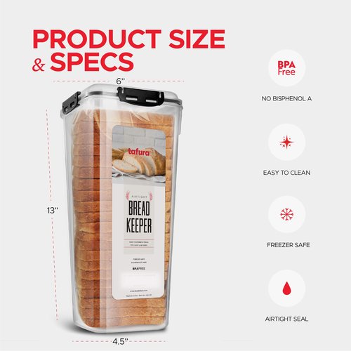 Tafura Bread Container - 5.8 Liter BPA Free Plastic Bread Box - Container/Holder for Homemade Loaves and Baked Goods with Black Airtight Lid