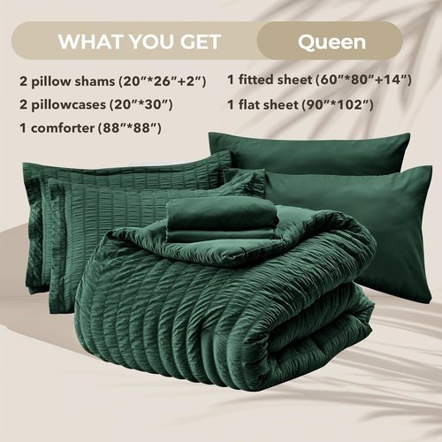 HYMOKEGE Emerald Green Queen Comforter Set - 7-Piece All-Season Luxury Bedding Set with Sheets & Pillowcases