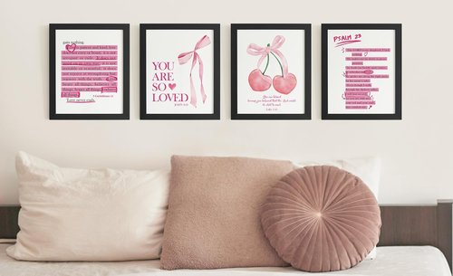 **DSHFG Cute Preppy Pink Bow Bible Verses Wall Decor - Set of 4 Christian Prints for Teen Girls 8x10**