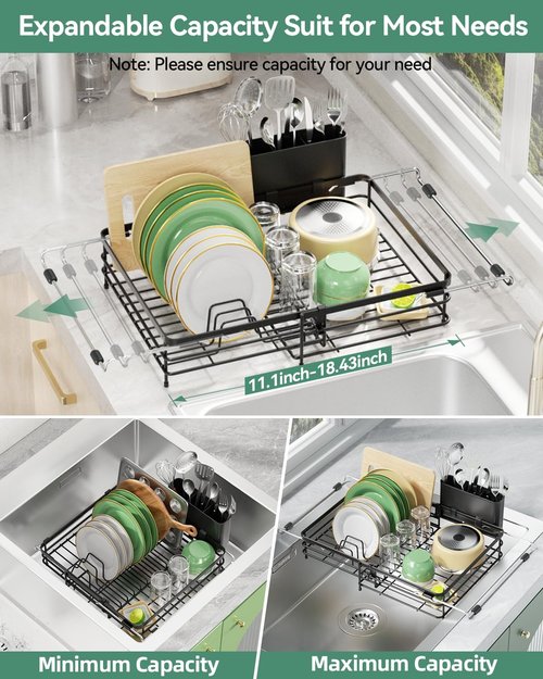 CosyPic Expandable in Sink Dish Drying Rack - Adjustable Capacity (11.1''-18.43 ''L) Over Sink Dish Drainer Drying Rack for Kitchen Counter, Dish Rack with Utensil Holder