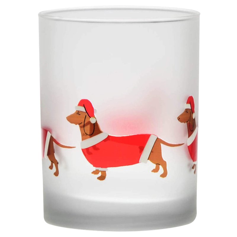 Culver Holiday Decorated Frosted Double Old Fashioned Tumbler Glasses, 13.5-Ounce, Gift Boxed Set of 2 (Santa Dachshunds Dogs)