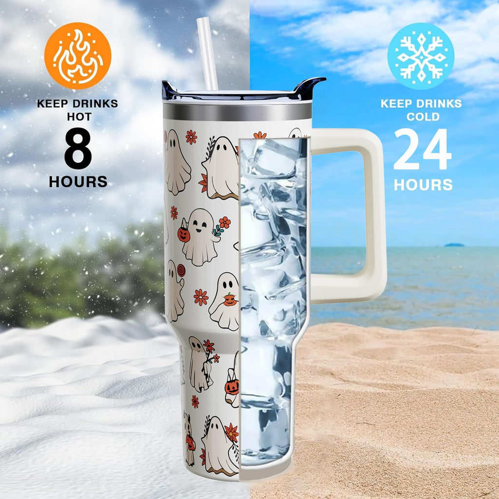 Sabobo Halloween Spooky Cup Gifts for Women Men, Cute Ghost 40oz Tumbler with Handle and Straw, Holiday Stainless Steel Insulated Water Bottle (1 PC)