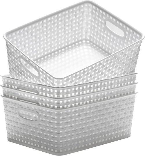 Eslite Plastic Storage Baskets - Versatile Organizers for Home | Pack of 4, 11.4" x 8.9" x 4.7" (White)