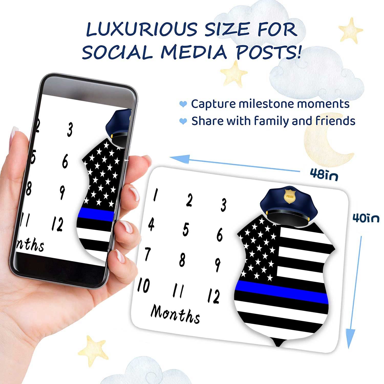 FHZON American Flag Milestone Blanket Police Cap Blue Line Flag Baby Blanket Baby Warm Swaddling Blanket Baby Room Decoration 48x40in BTZZFH86