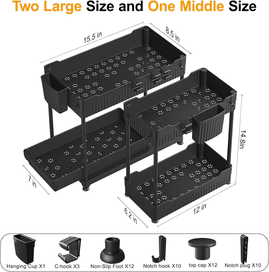 Sevenblue Under Sink Organizers - 2-Tier Multi-Use Storage with Sliding Drawers | Black, 14.8 Inch