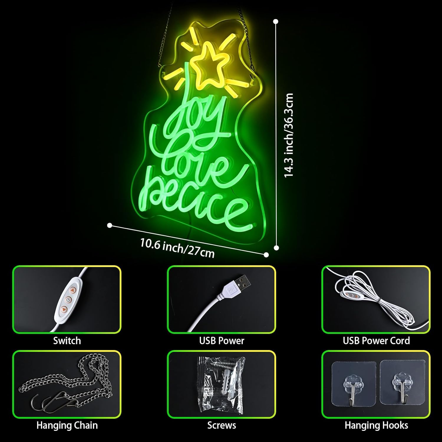 Neon Christmas Tree Sign by [Brand Name] - USB Powered LED Holiday Decor for Wall | Peace, Love, Joy Design