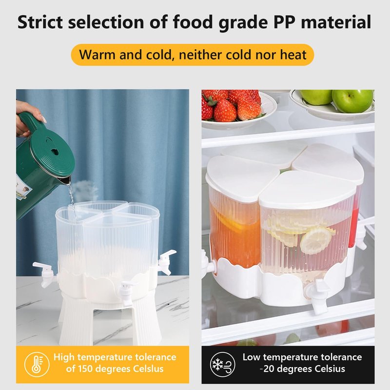 Flyburry 1.8 Gallon Beverage Dispenser for Fridge, 4 Grids Rotating Plastic Drink Dispenser with 4 Spigots Cold Kettle Refrigerator Iced Lemonade Juice Milk Containers for Home picnics Parties