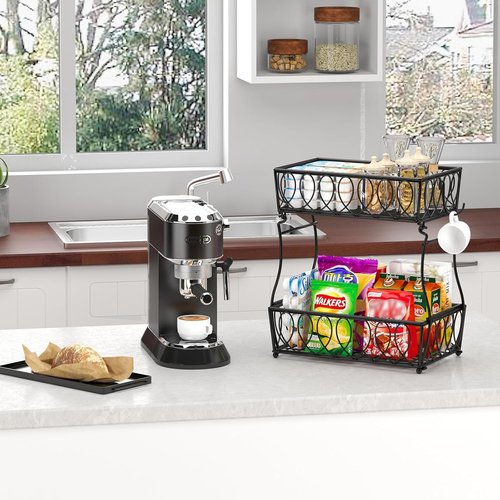 XYZLVSI 2-Tier Countertop Fruit Basket Bread Bowl for Kitchen, Vegetable Potato Onion Storage Wire Basket, 13.8-Inch, Black