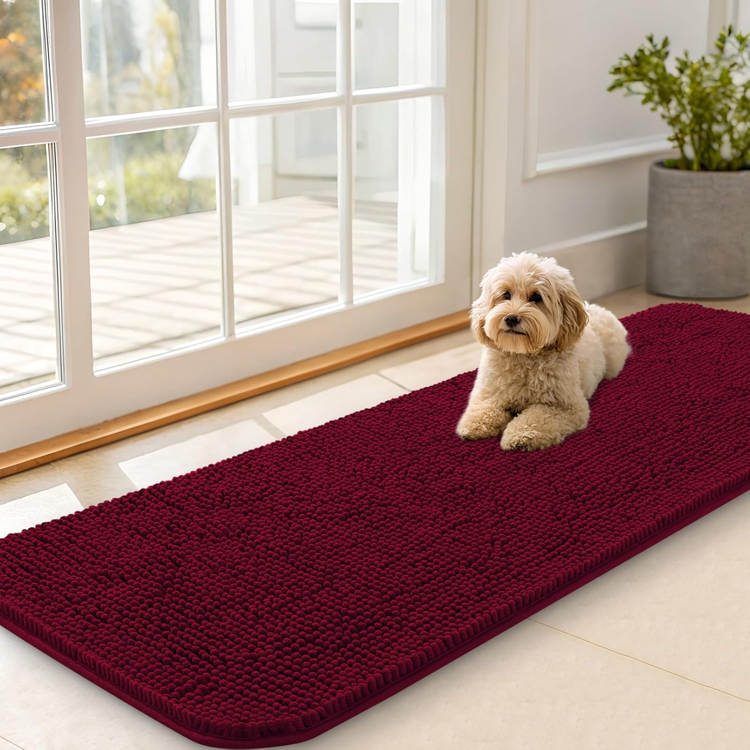 OLANLY Dog Door Mat - Absorbent Non-Slip Chenille Mat for Muddy Paws | 59x20, Quick Dry, Burgundy