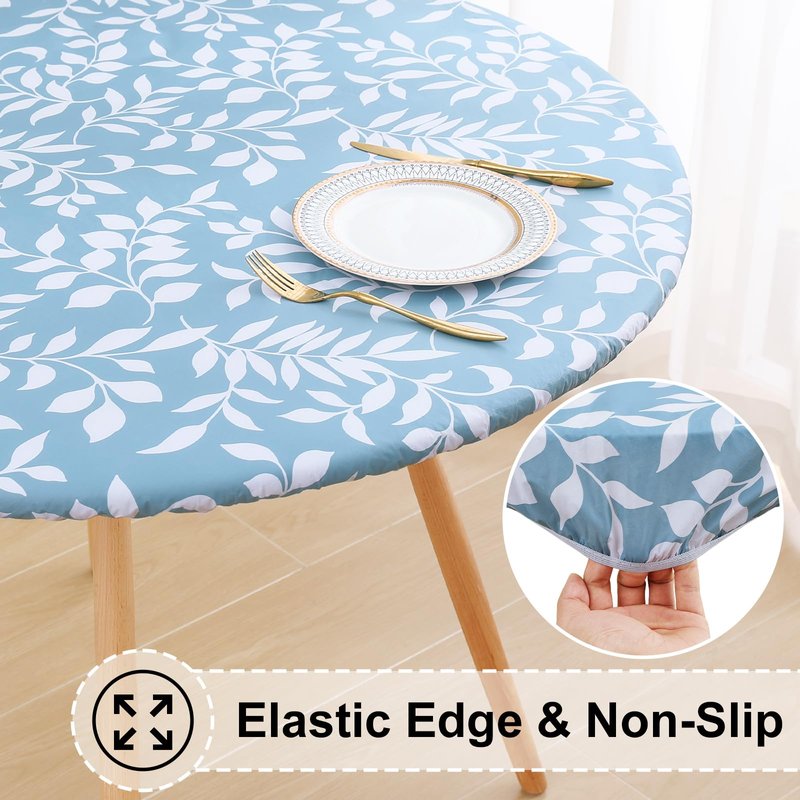 misaya Round Fitted Tablecloth with Elastic Edge, 100% Waterproof Oil Proof Plastic Table Cover, Vinyl Flannel Backed Tablecloth Fits 36"-44" Round Tables for Dinner, Outdoor, Picnic, Pumpkin