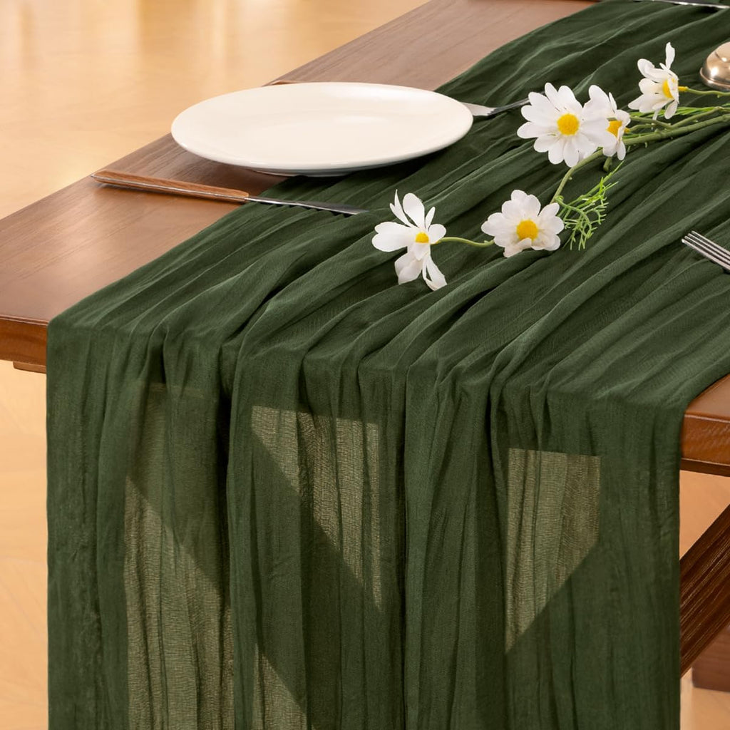 Socomi Olive Green Cheesecloth Table Runner - 120 Inch Boho Rustic Gauze for Weddings & Events