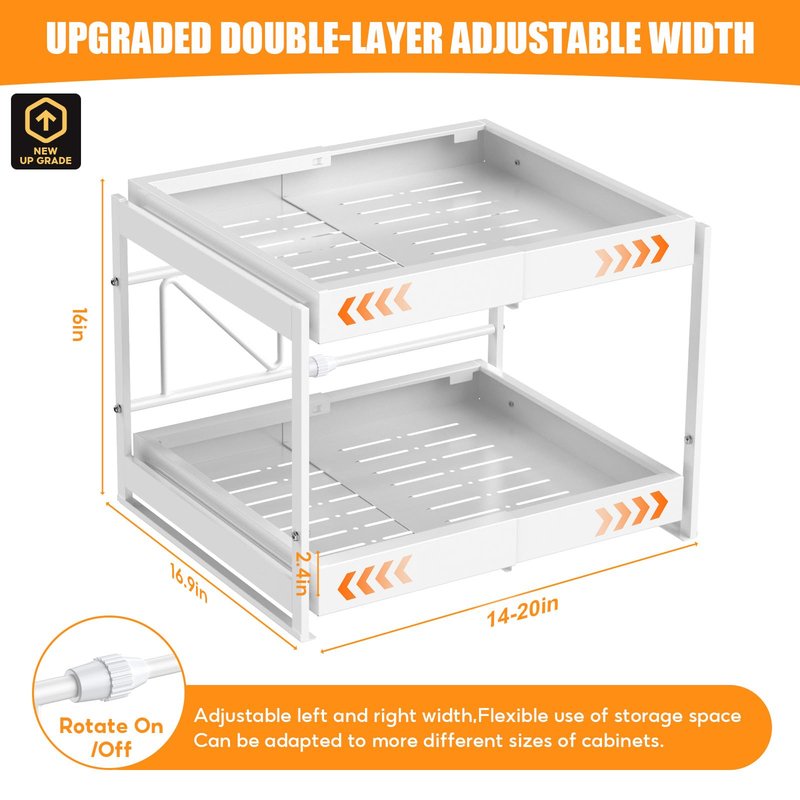 2-Tier Expandable Pull Out Cabinet Organizer, 16.9" Deep Heavy-Duty Slide Rail Slide Out Drawer Organizers with Adhesive Nano Film for Pots, Roll out Shelf Storage for Kitchen & Pantry Storage,White