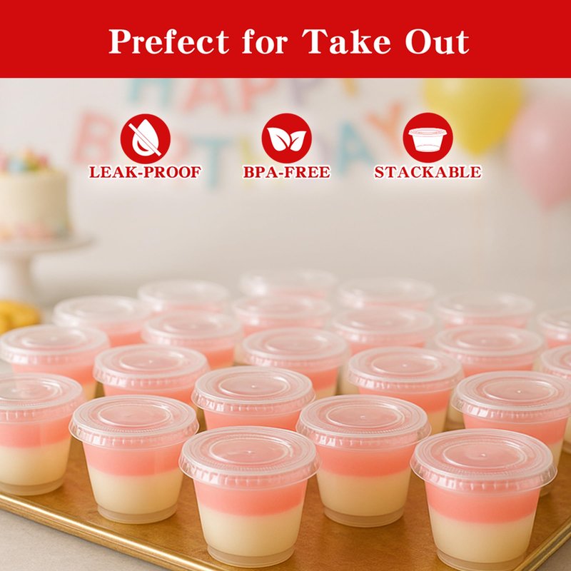 LOYLUX 400 Set 2 oz Jello Shot Cups with Lids, Clear Portion Cups with Lids Bulk, Disposable Condiments Cups for Sauce, Salad Dressing, Meal Prep, Small Plastic Containers to Go