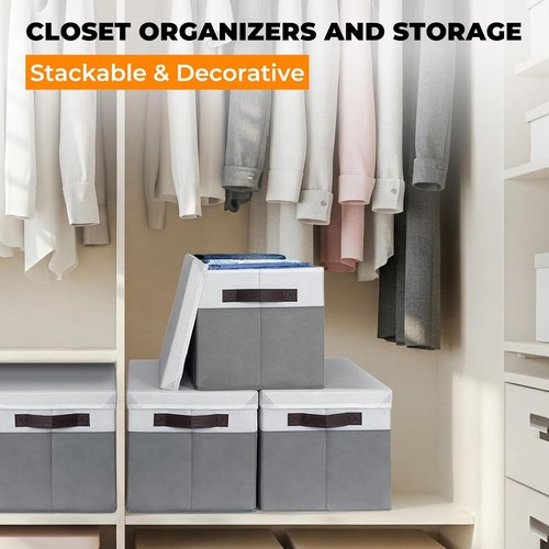 Extra Large Storage Baskets by [Brand Name] - 33 QT Stackable Organizers with Lids | 4 Pack for Living Room & Closet - 16x12 in