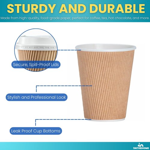 1InTheHome Disposable Coffee Cups with Lids, Paper Cups 10 oz, Insulated Ripple Wall, 50 Pack