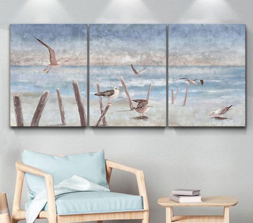 Kdyudo 3 pcs Beach and Seagull Canvas Framed Wall Art, Blue Sand and Seagull Printed Poster Seascape and Beach Scenery Theme Suitable for Living Room Bedroom and Office Wall Decor 16x24 inch