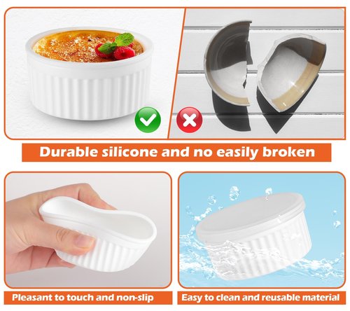 Koluti 6-Pack Nonstick Silicone 4oz Ramekins with Lids, Oven Safe Creme Brulee Baking Small Bowls, Souffle Ice Cream Pudding Dessert Dipping Sauce Cups, BPA Free, Microwave & Freezer & Dishwasher Safe