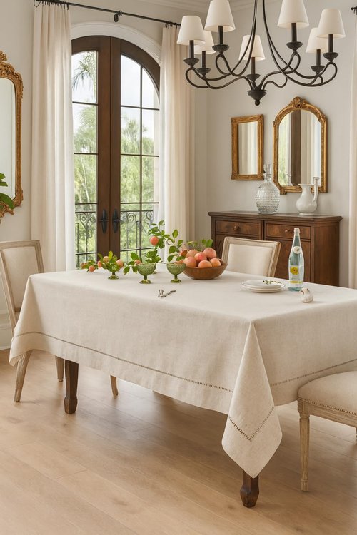 Fennco Styles Handmade Hemstitch Design Natural Tablecloth. One Piece (80" Square)