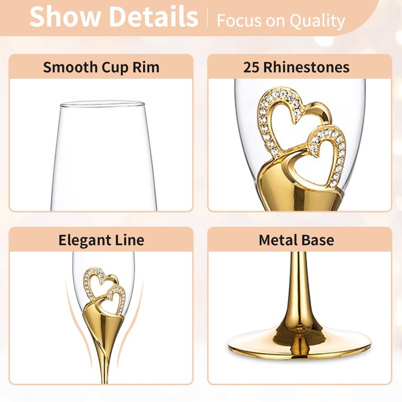 NUPTIO Champagne Flutes Wedding Gifts: Gold Toasting Glasses for Bride and Groom Heart Wine Cups Crystal Flute Anniversary Engagement Gift for Couples Hostess Mr Mrs 6.76oz