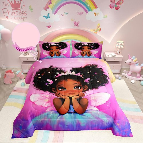 Erosebridal Black Girls Princess with Wings Comforter Set,Pink Gradient Rainbow Galaxy Kids Bedding Set for All Season-3 Pieces Duvet Insert Queen Size with 2 Pillowcases