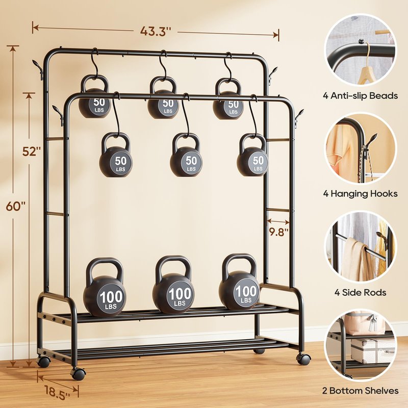 TigerParty Double Rods Clothes Rack for Hanging Clothes, Rolling Clothing Rack with Wheels, Freestanding Garment Racks with 2 Shelves for Bedroom Laundry Living Room