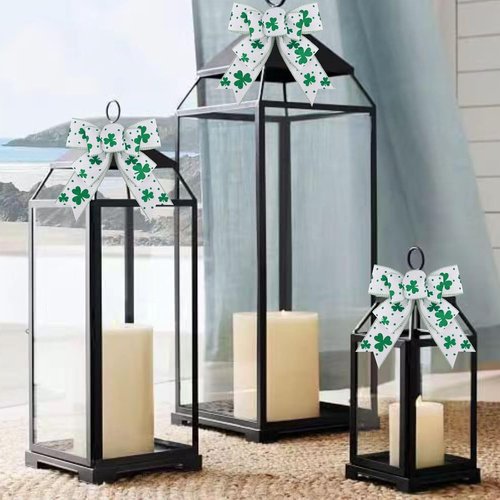 Meseey St. Patrick's Day Bow Wreath Decoration - 2 Pcs Green & White Shamrock Bows for Home Decor