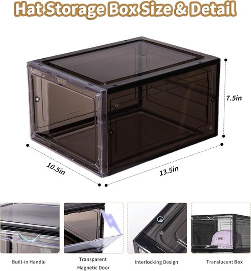Attelite Hat Organizer - Stackable Baseball Cap Storage Box with Transparent Magnetic Door | Set of 6, Clear Black