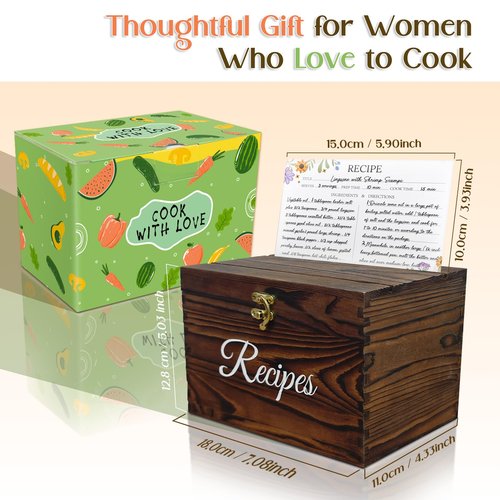 OurWarm Wooden Recipe Box with Cards and Dividers, 4x7 Recipe Box to Write in Your Own Recipes, Gift for Housewarming Grandma Mom Wedding Bridal Shower, Includes 100 4x6 Recipe Cards and 16 Dividers