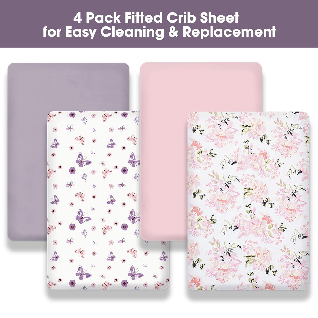Little Grape Land Crib Sheets Girl 4 Pack, Baby Crib Sheets for Standard Crib & Toddler Mattress, Super Soft Breathable Crib Sheet Set for Girls, Floral & Butterfly