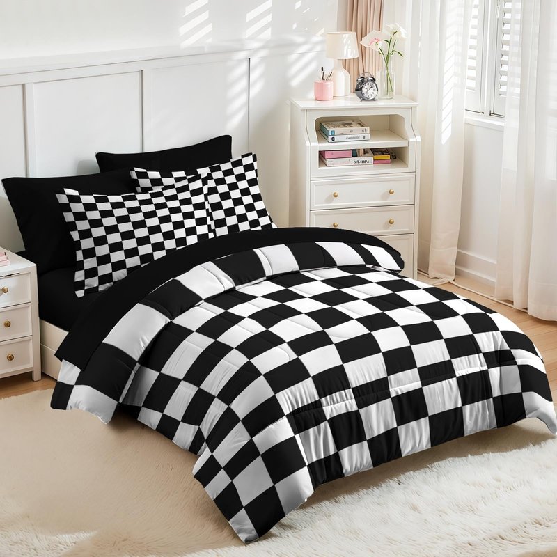 Nesker Comforter Set Twin Size, Black White Checkered 5 Pcs Bedding for Kids and Adults, Cute Retro Gingham Grid Bed Sheet Sets with Fitted Sheet Pillowcase & Sham