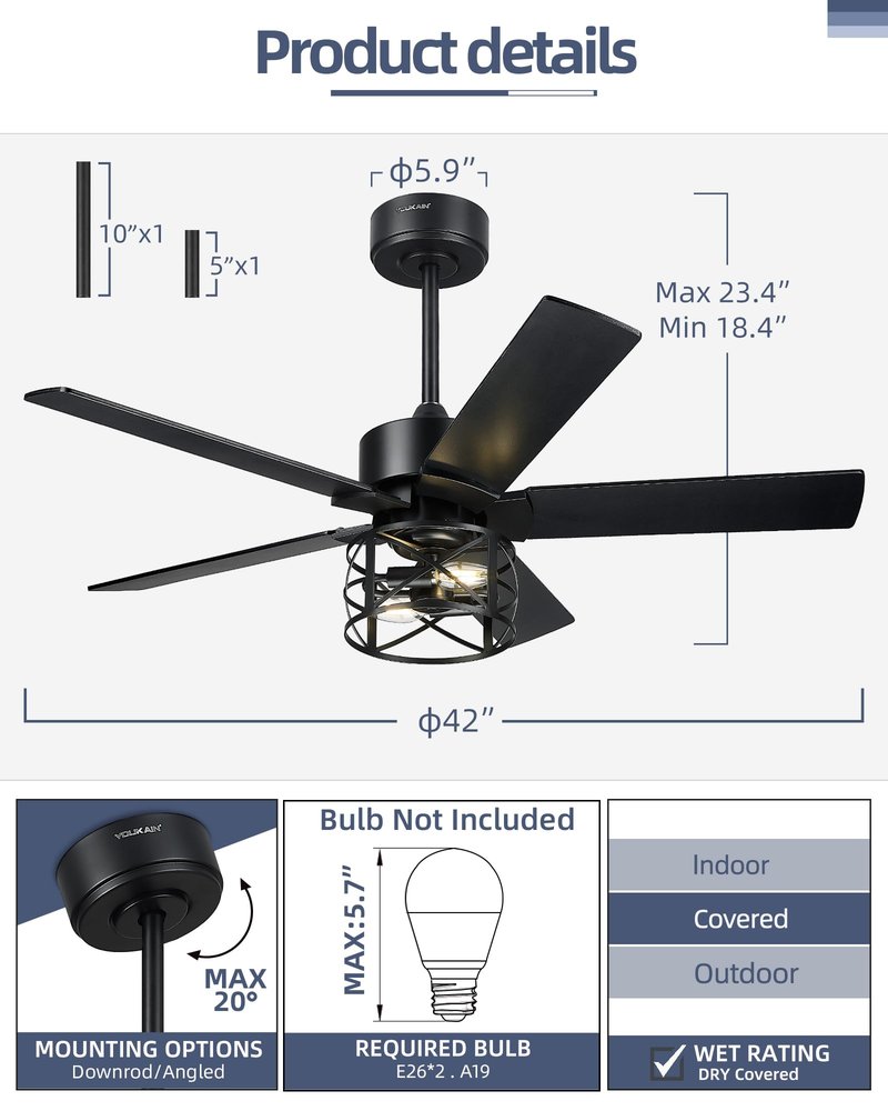 YOUKAIN 42 Inch Ceiling Fan with Lights and Remote, DC Motor 35dB Quiet, Black Farmhouse Ceiling Fan with 5 Reversible Blades for Small Room Bedroom, 42-YJ632-BKW