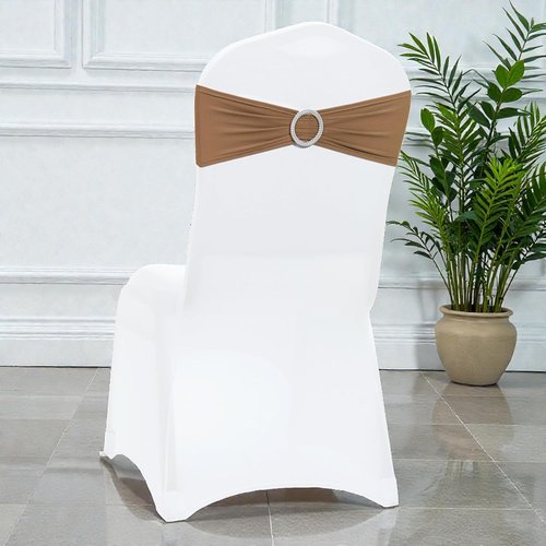 MDS Spandex Chair Sashes - Pack of 150 Universal Elastic Stretch Ties with Buckle Slider - Mocha