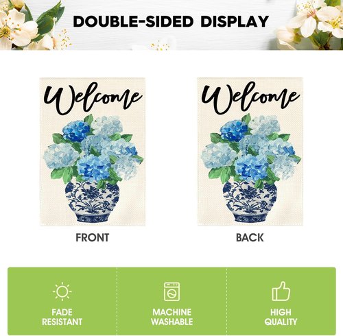 AVOIN Colorlife Garden Flag - Spring Hydrangea Floral Design, 12x18 Inch, Double-Sided, Blue & White