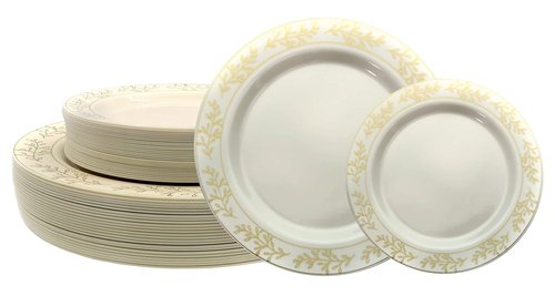 Exquisite 60 Pack Plates - 30 10.25" Dinner Plates & 30 7.5" Salad Plates - Leaf Design (Gold)