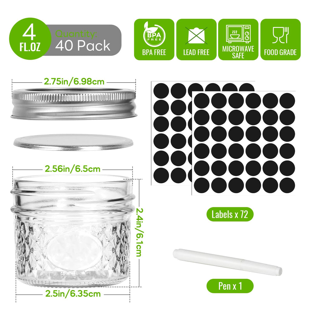 Mcupper 40 Pack Small Mason Jars, 4oz Mini Mason Jars, Canning Jars With Lids and Bands For Dessert, Honey, DIY Candle