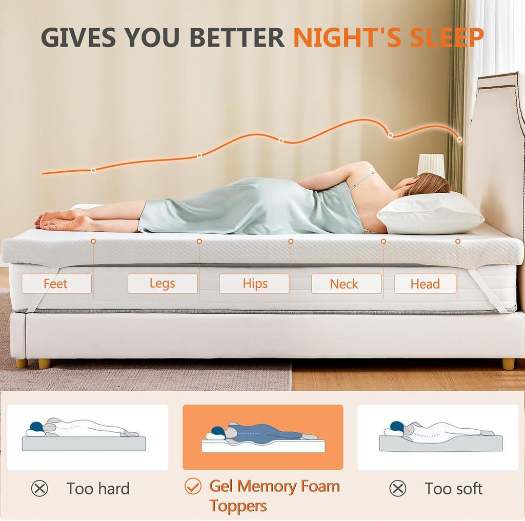 Sweetcrispy Memory Foam Mattress Topper - 3 Inch Thick Gel-Infused Cooling Pad for Queen Size Bed
